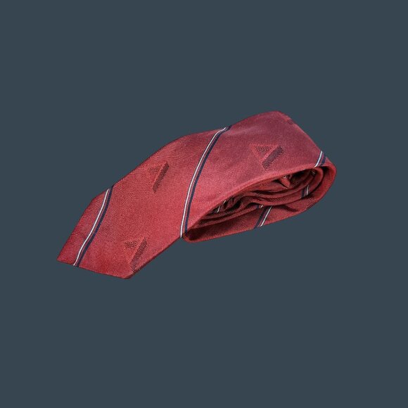 Vintage Bonjour Red Silk Tie With Subtle Triangle Pattern & Striped Detailing - Picture 1 of 6